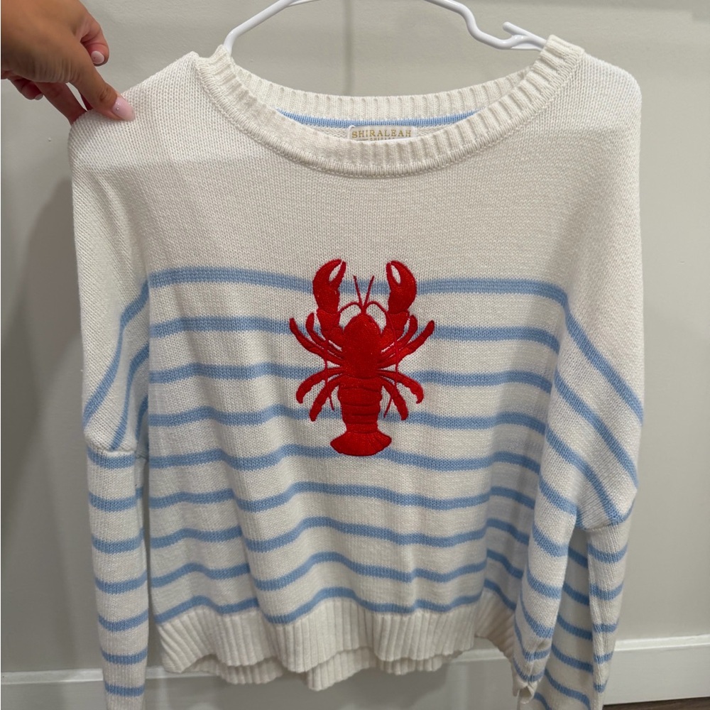 Shiraleah Cream & Light Blue Striped Sweater with Red Lobster Patch